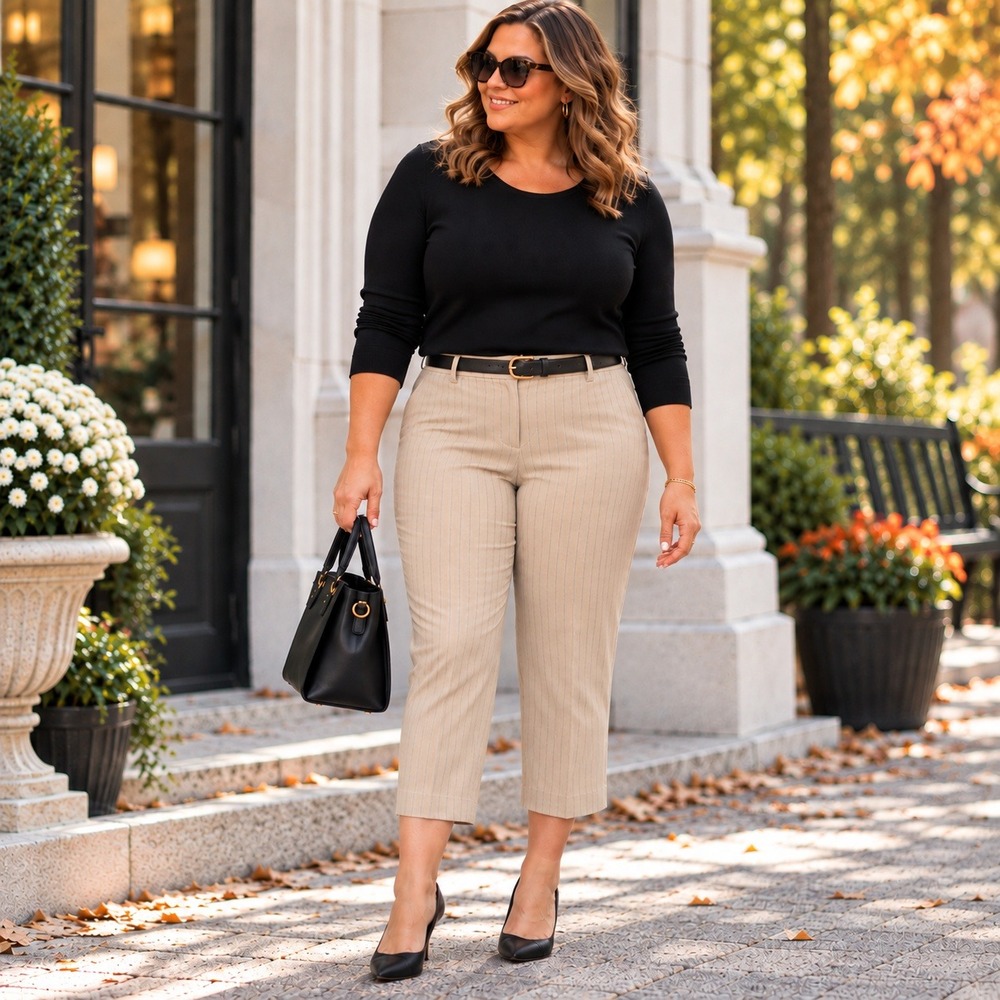 Lane Bryant Pinstripe Cropped Pants Flat Front Career Trousers Beige Women's 20